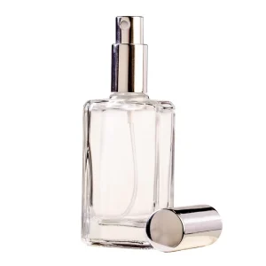 60ml Clear Glass Rectangle Base Perfume Bottle with Silver Spray & Silver Cap (18/410)