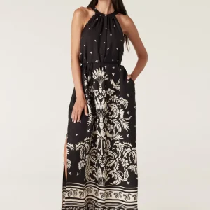 Twilight Halter Neck Dress - Black Palm Print